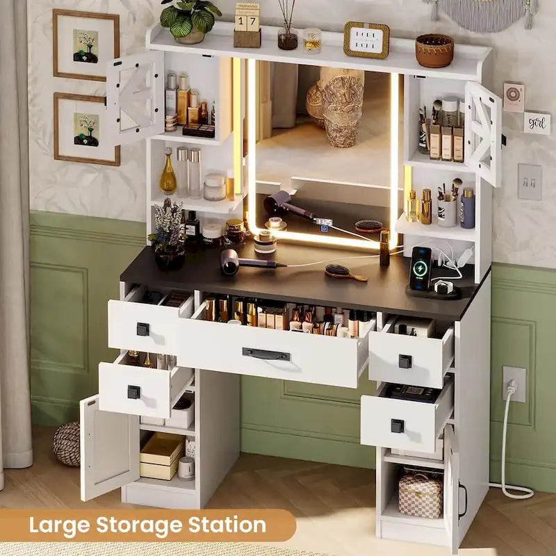 5 Drawers Vanity Desk Touch Screen Mirror Time Display Makeup Vanity