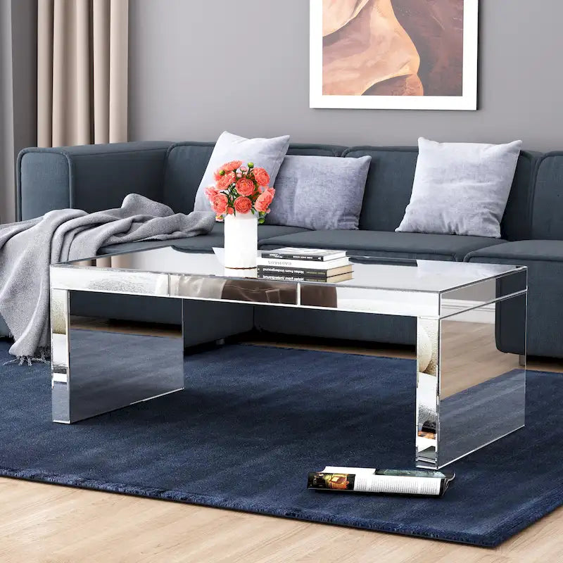 Glam Glass Mirrored Coffee Table Rectangle Silver Accent Table