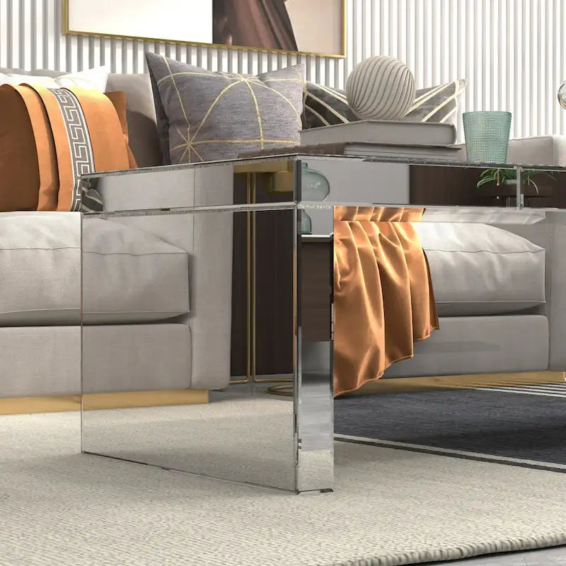 Glam Glass Mirrored Coffee Table Rectangle Silver Accent Table