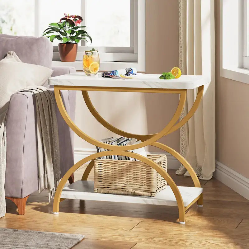 2-Tier RectangularWood Metal End Side Accent Table Nightstand