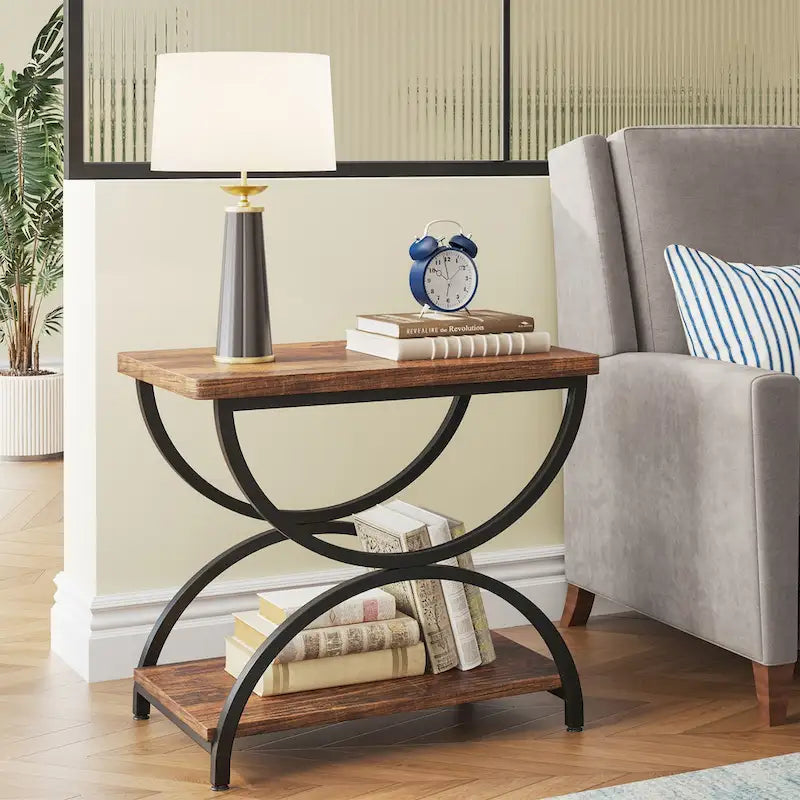 2-Tier RectangularWood Metal End Side Accent Table Nightstand