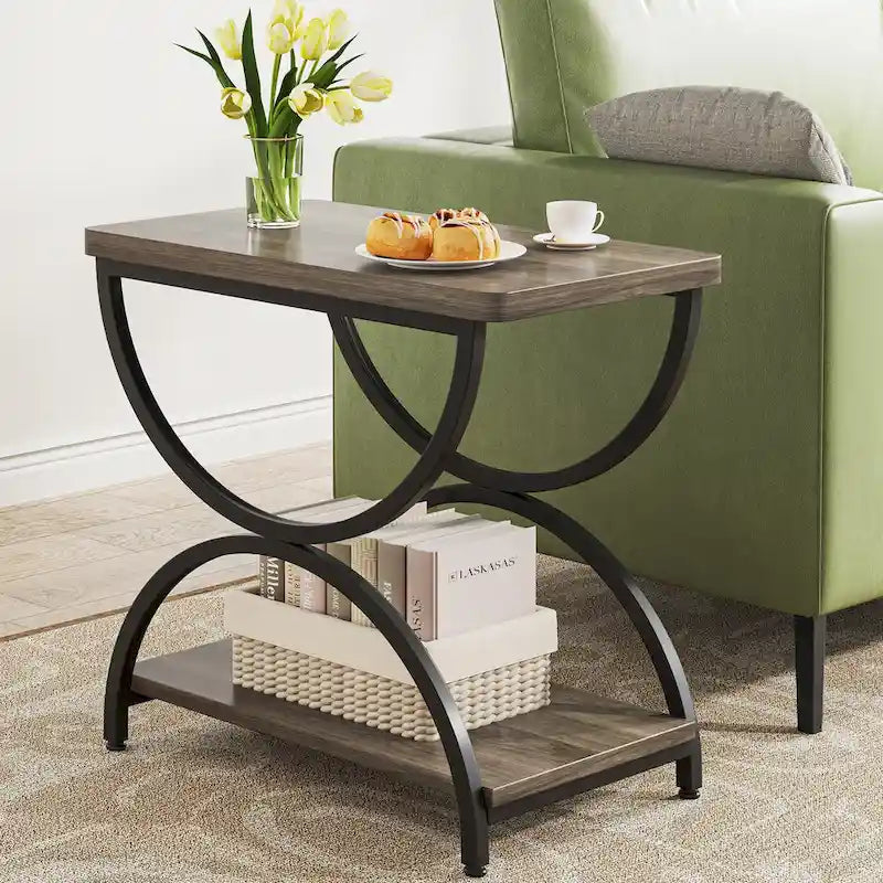 2-Tier RectangularWood Metal End Side Accent Table Nightstand