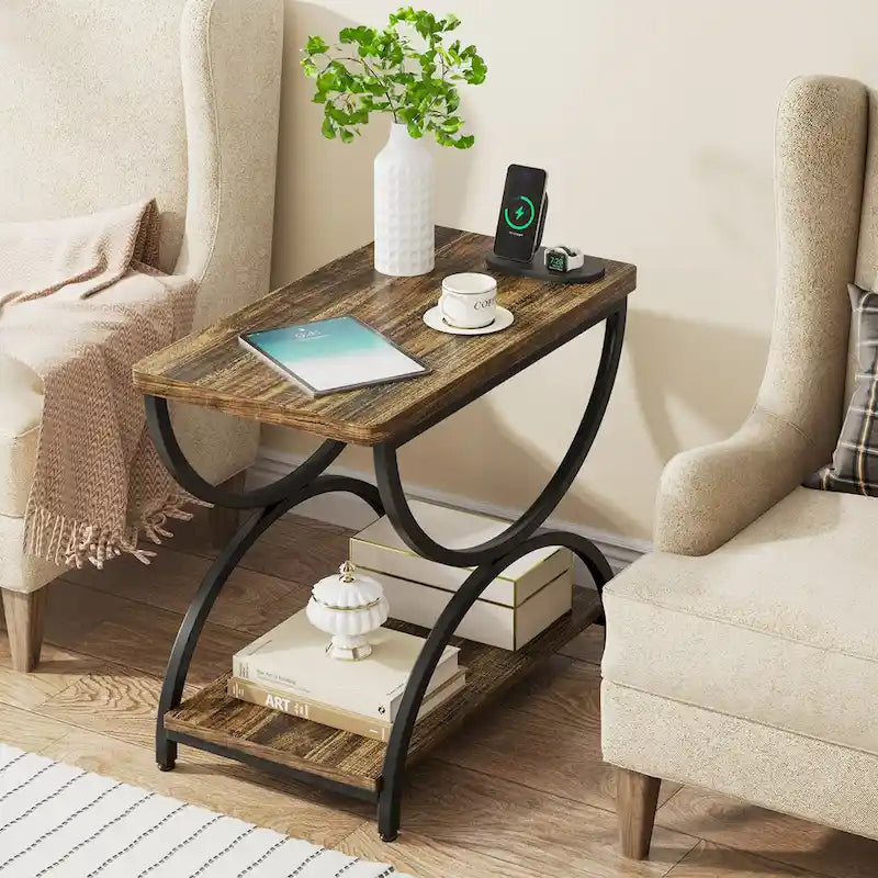 2-Tier RectangularWood Metal End Side Accent Table Nightstand