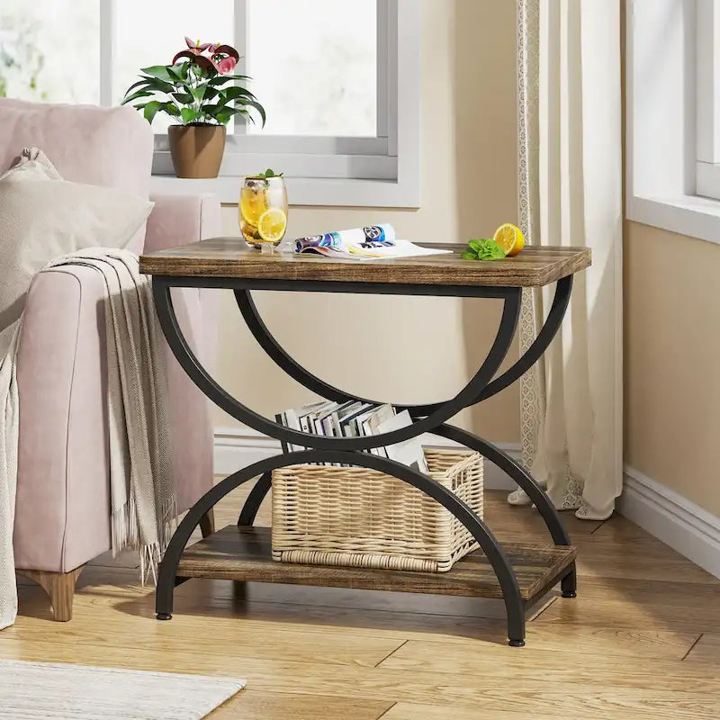 2-Tier RectangularWood Metal End Side Accent Table Nightstand