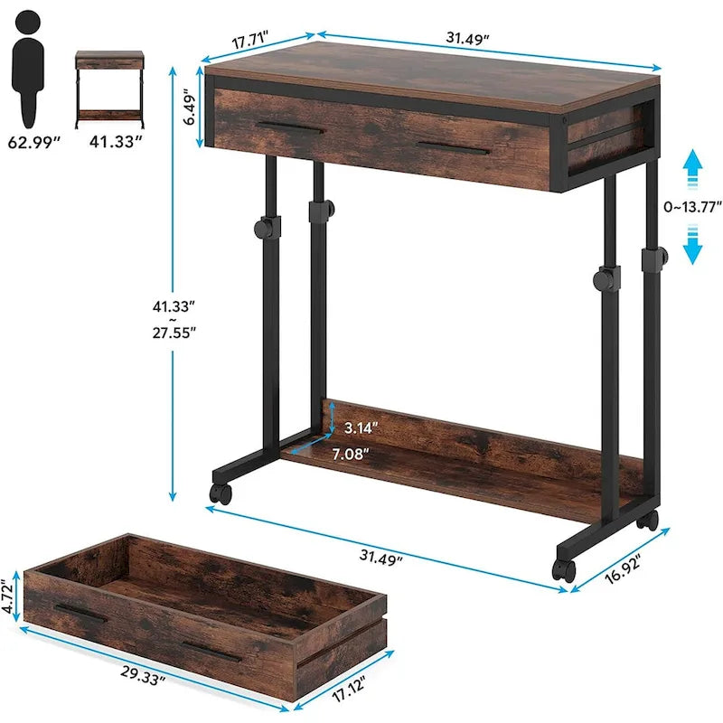 Mobile Portable Desk with Drawers, Adjustable Laptop Desk