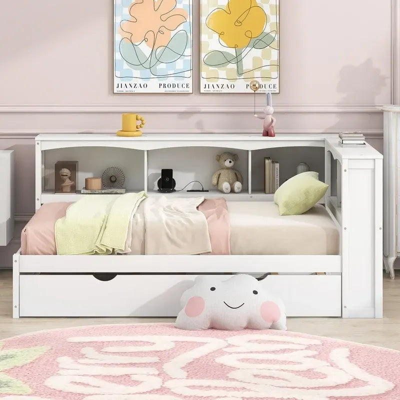 Twin Size Daybed with Trundle,Storage Cabinets and USB Ports