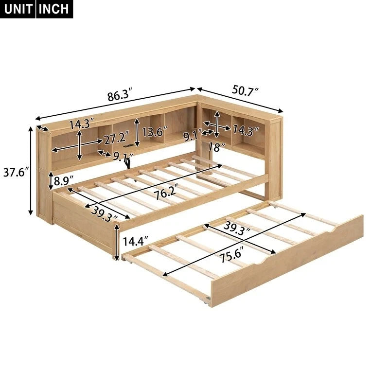 Twin Size Daybed with Trundle,Storage Cabinets and USB Ports