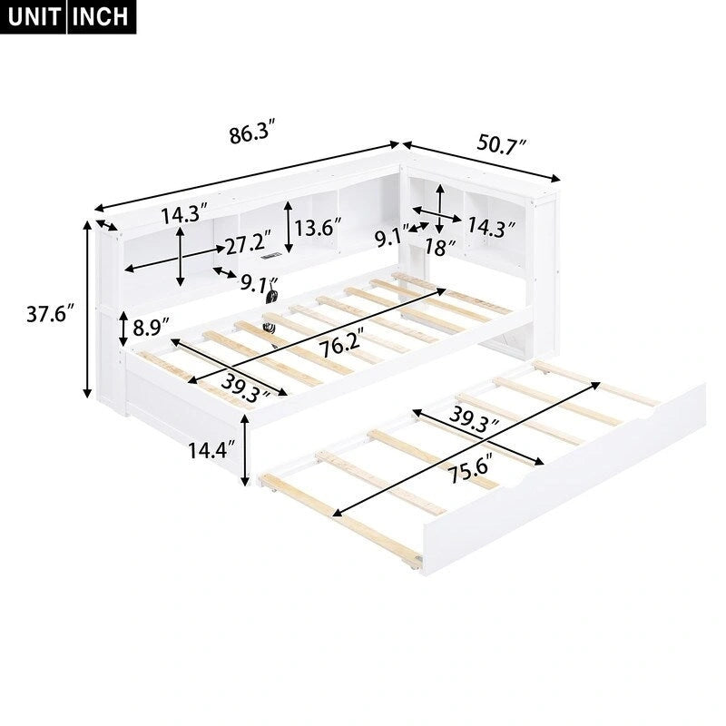 Twin Size Daybed with Trundle,Storage Cabinets and USB Ports
