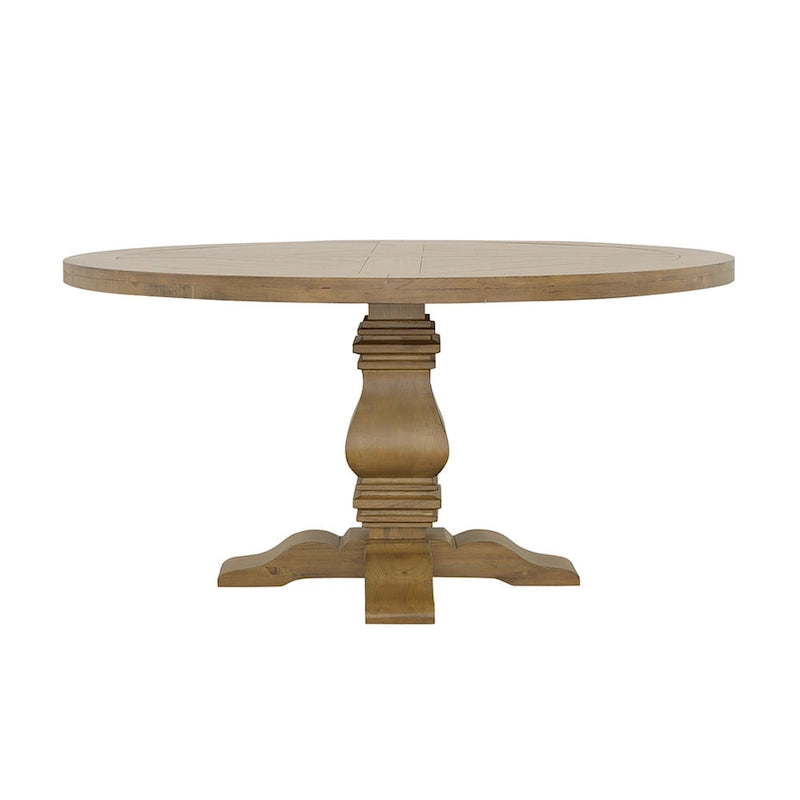 Som 60 Inch Round Dining Table, Cross Pedestal Base, Rustic Smoke Brown