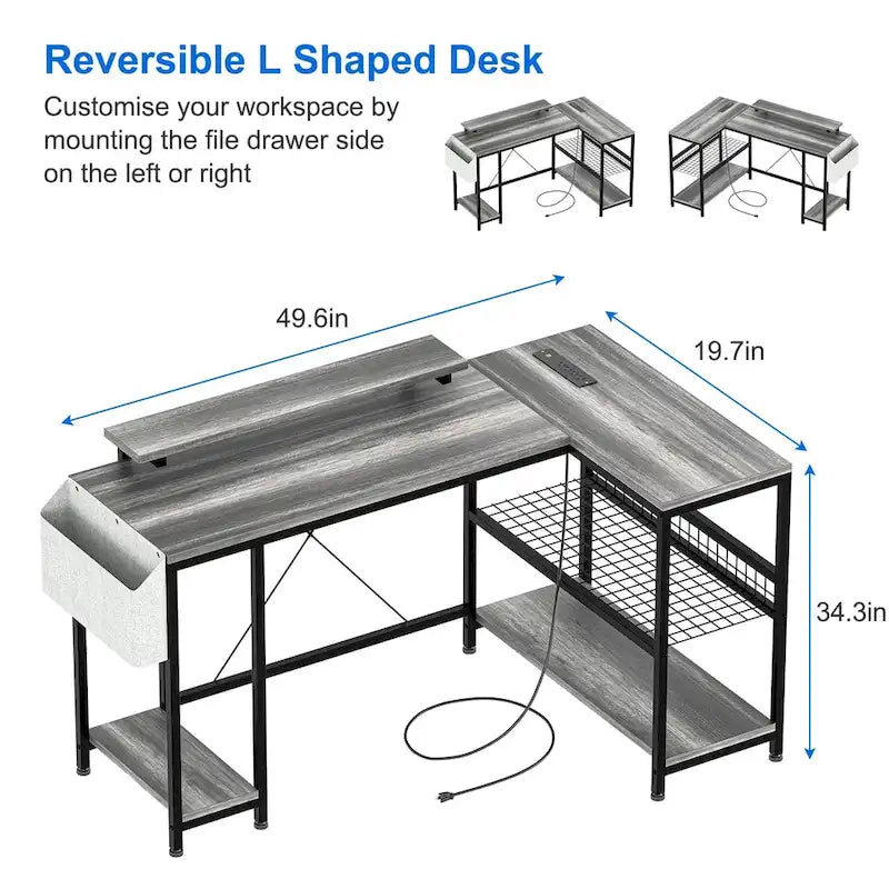 Modern L Shaped Computer Desk with Power Outlets & LED Light
