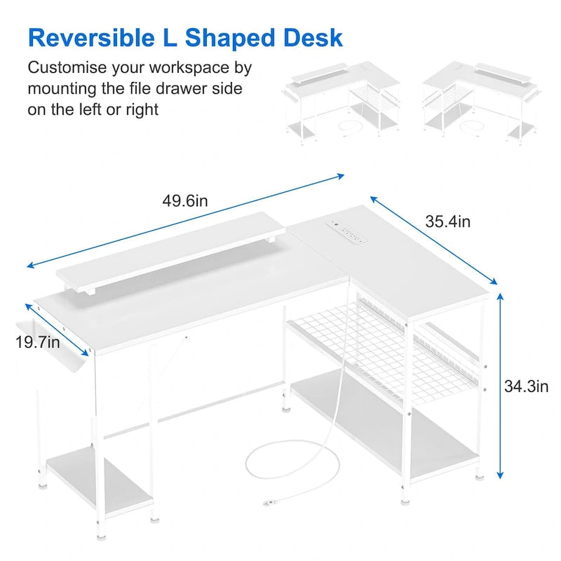 Modern L Shaped Computer Desk with Power Outlets & LED Light