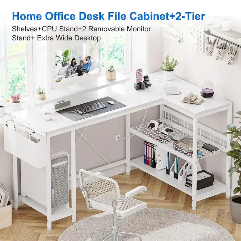 Modern L Shaped Computer Desk with Power Outlets & LED Light