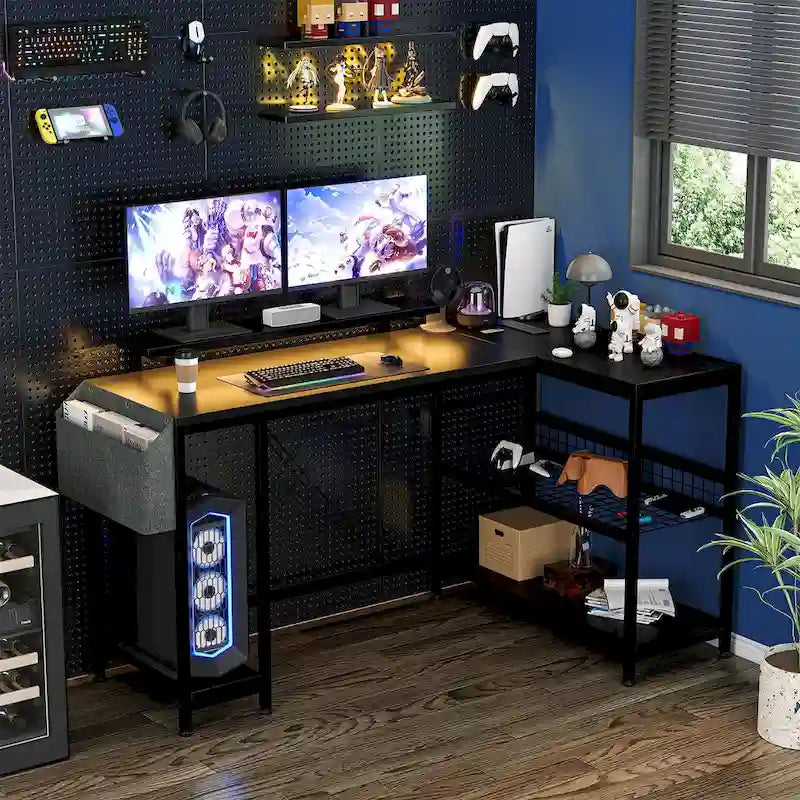 Modern L Shaped Computer Desk with Power Outlets & LED Light