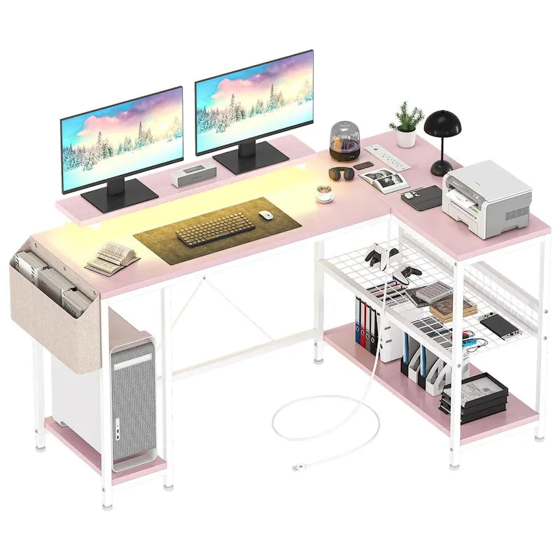 Modern L Shaped Computer Desk with Power Outlets & LED Light