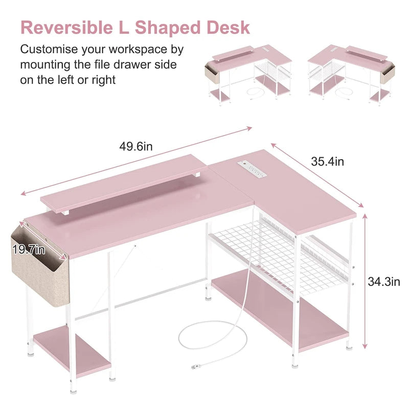 Modern L Shaped Computer Desk with Power Outlets & LED Light