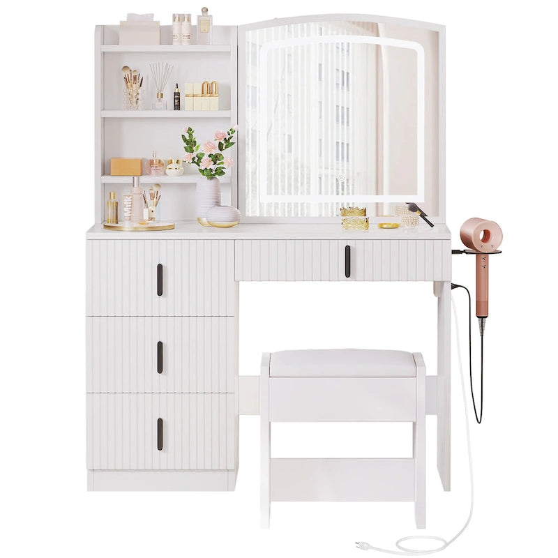 Moasis 39 Wide Makeup Vanity Set with Stool and 3 Color Sliding Mirror