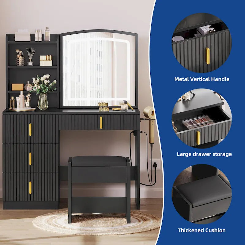 Moasis 39 Wide Makeup Vanity Set with Stool and 3 Color Sliding Mirror