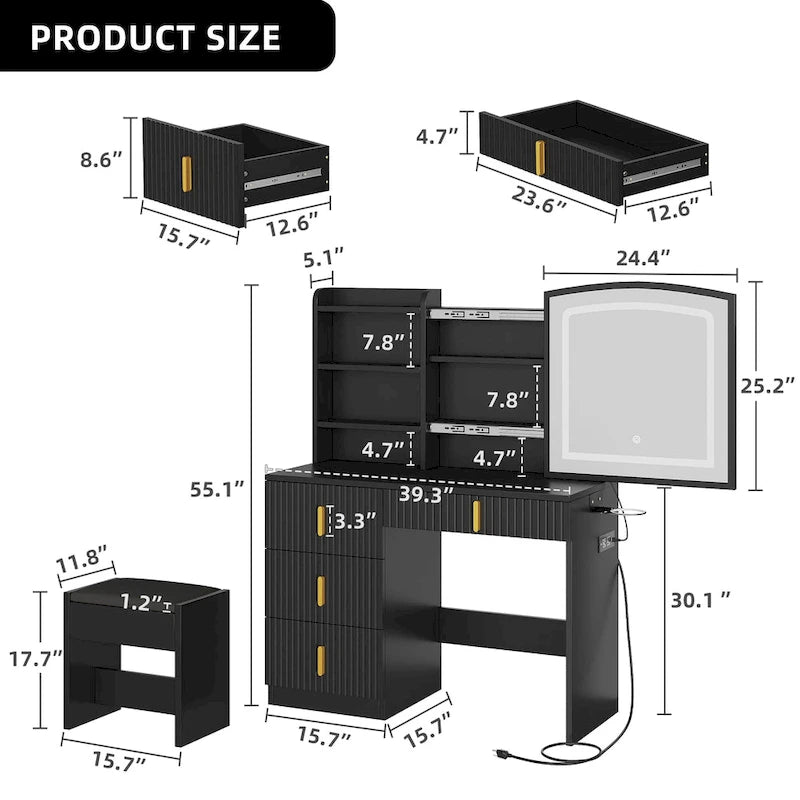 Moasis 39 Wide Makeup Vanity Set with Stool and 3 Color Sliding Mirror