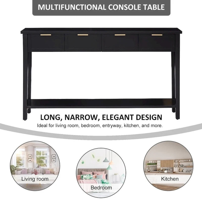 Kinbor Modern Console Table with 4 Drawers, Narrow Long Sofa Table with Open Shelf, Entryway Wood Console Table with Storage