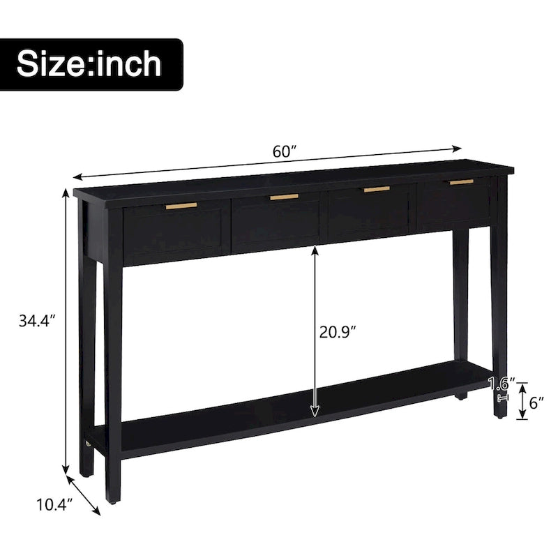 Kinbor Modern Console Table with 4 Drawers, Narrow Long Sofa Table with Open Shelf, Entryway Wood Console Table with Storage