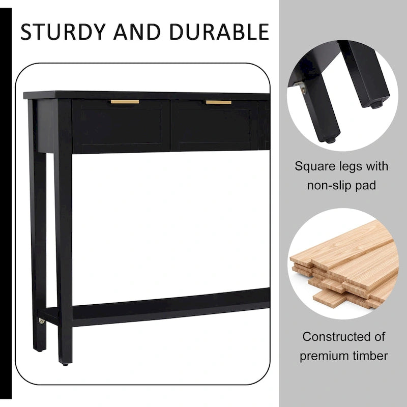 Kinbor Modern Console Table with 4 Drawers, Narrow Long Sofa Table with Open Shelf, Entryway Wood Console Table with Storage