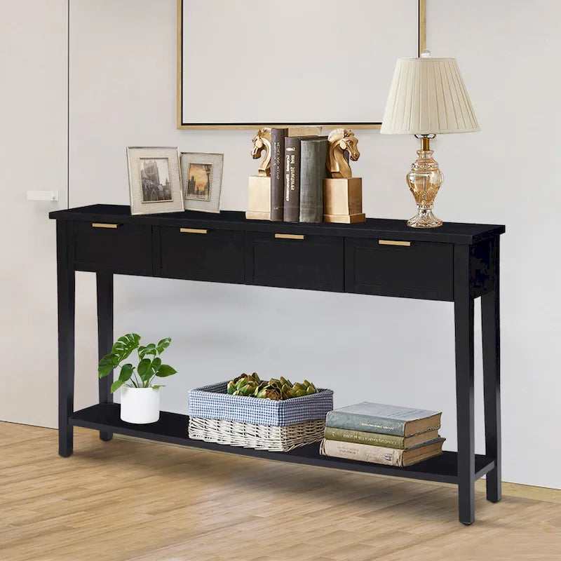 Kinbor Modern Console Table with 4 Drawers, Narrow Long Sofa Table with Open Shelf, Entryway Wood Console Table with Storage