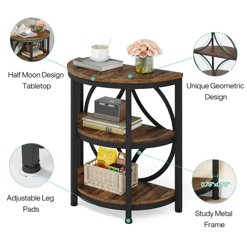 Half Round End Table, 3-Tier Narrow Side Table