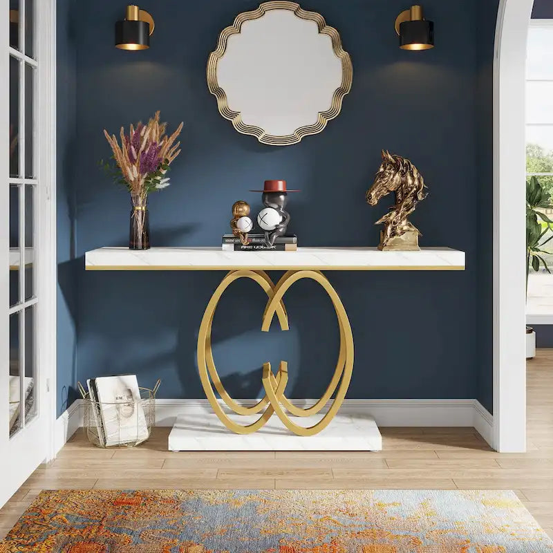 55 Inch Faux Marble Console Table Gold Sofa Table for Entryway