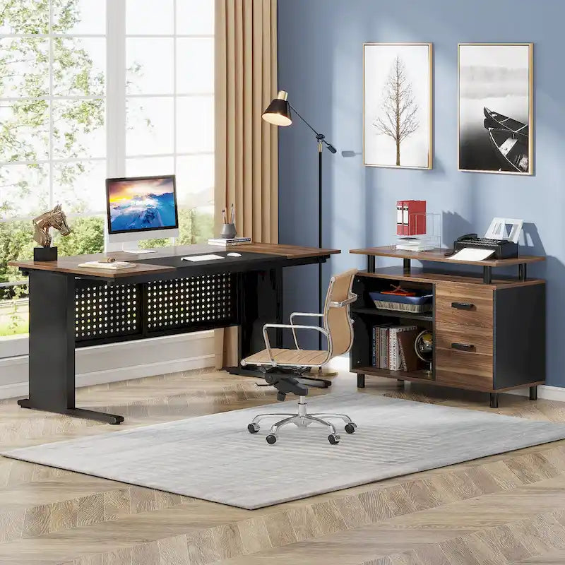 Executive Desk, Large Computer Desk with File Cabinet