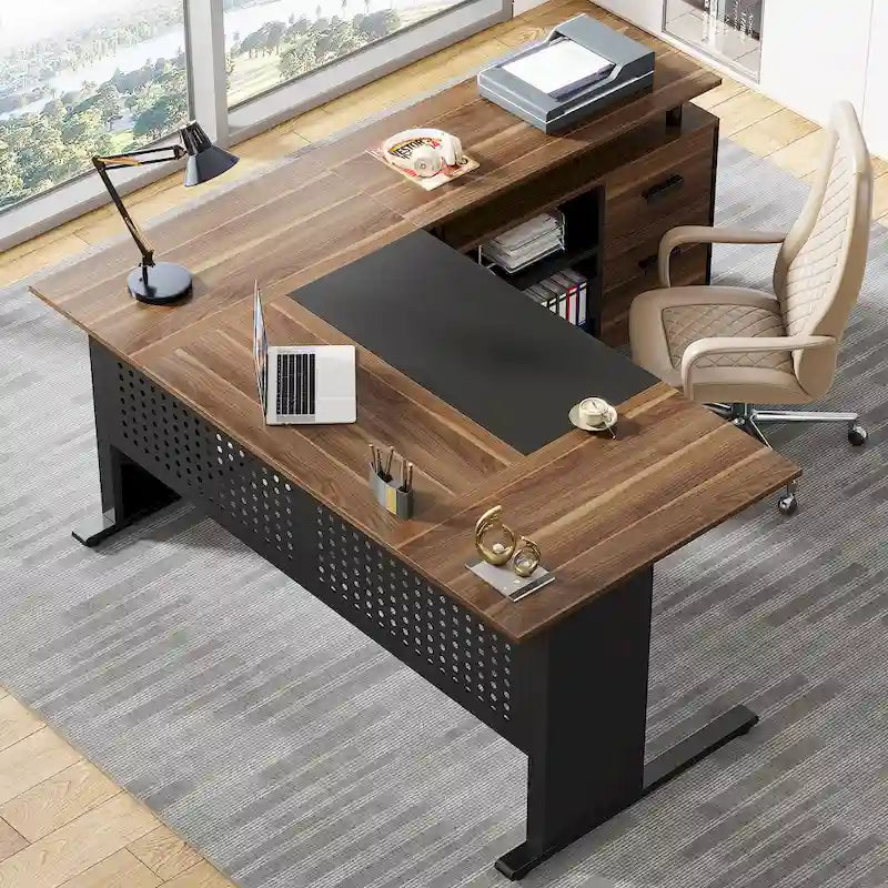 Executive Desk, Large Computer Desk with File Cabinet