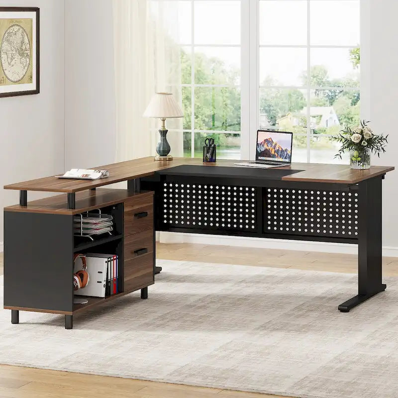 Executive Desk, Large Computer Desk with File Cabinet