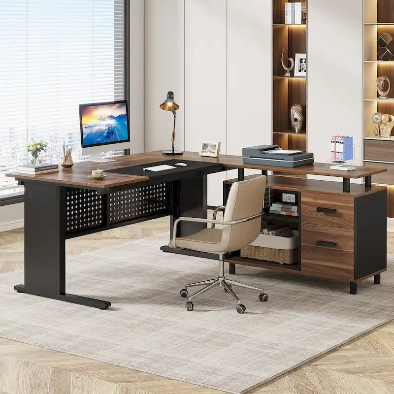 Executive Desk, Large Computer Desk with File Cabinet