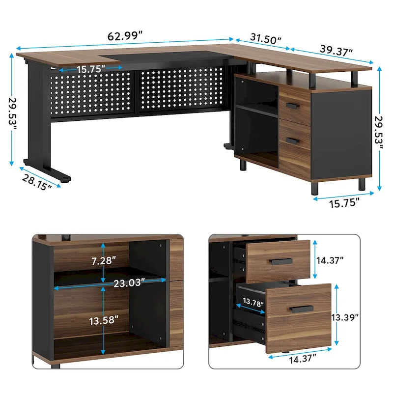Executive Desk, Large Computer Desk with File Cabinet