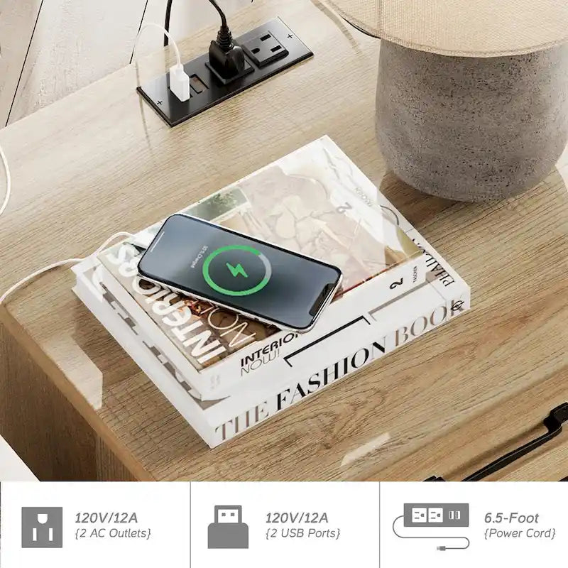WAMPAT Modern End Table with Charging Station, Sofa Side Table with Storage