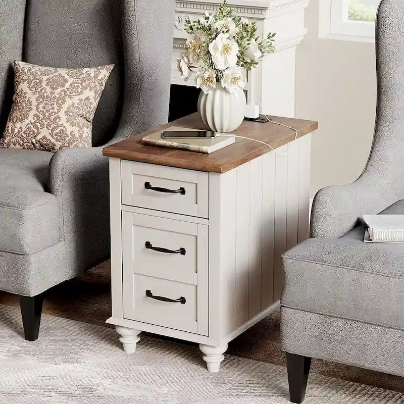 WAMPAT Modern End Table with Charging Station, Sofa Side Table with Storage