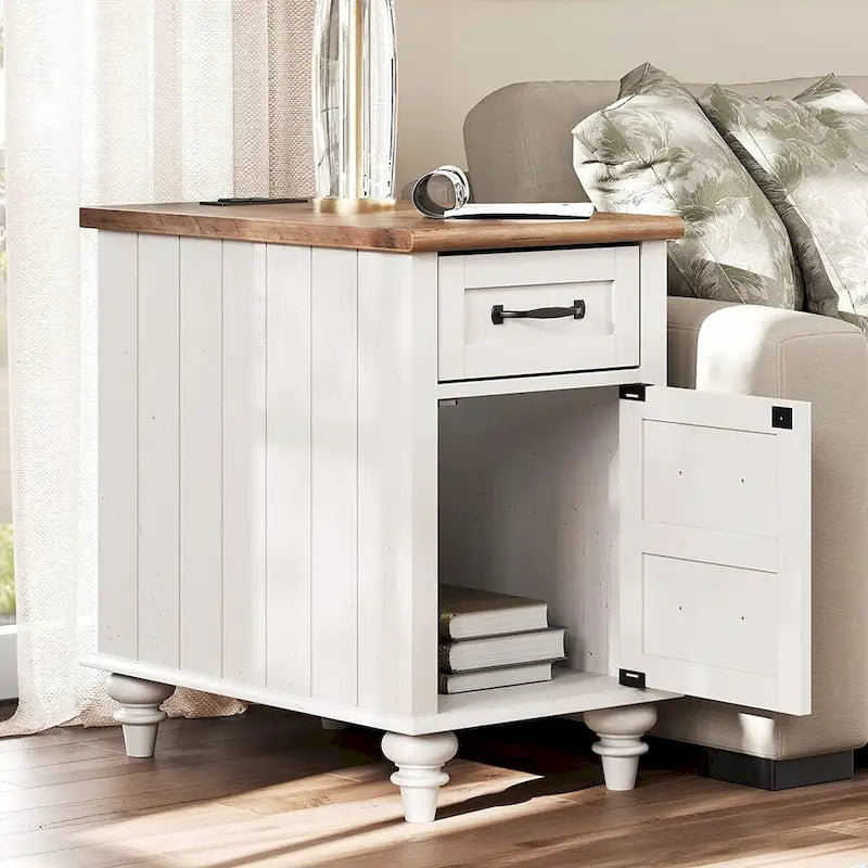 WAMPAT Modern End Table with Charging Station, Sofa Side Table with Storage