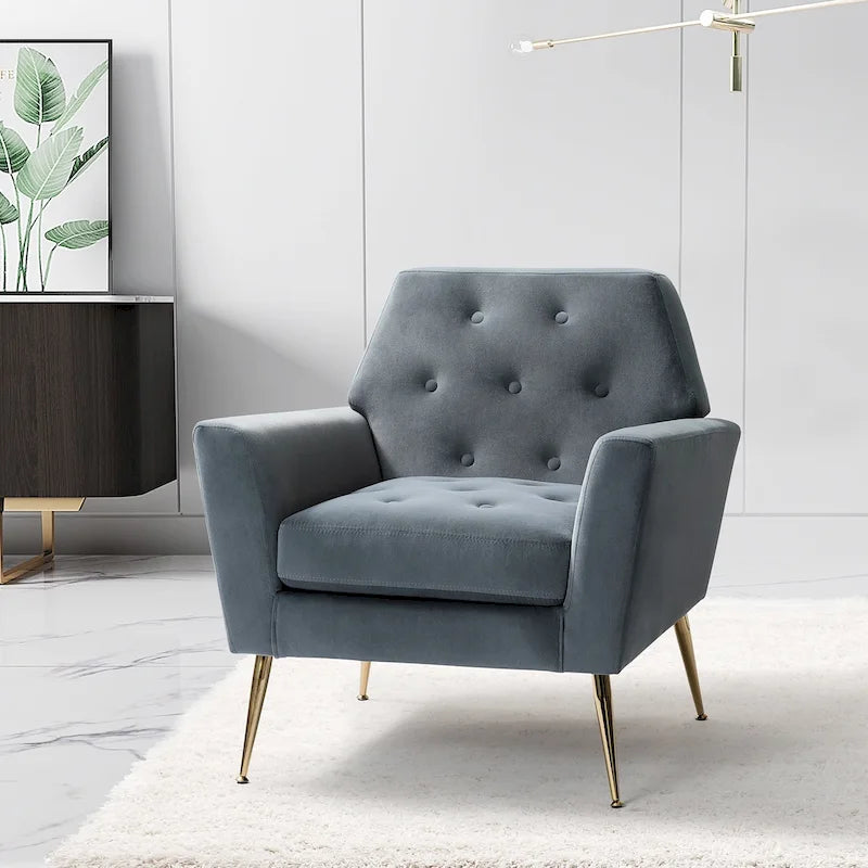 Lilia Contemporary Velvet Upholstered Tufted Back Armchair with Metal Golden legs by HULALA HOME
