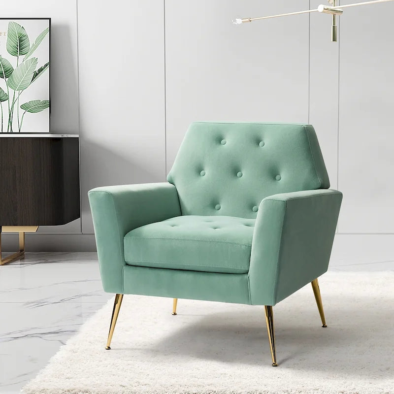 Lilia Contemporary Velvet Upholstered Tufted Back Armchair with Metal Golden legs by HULALA HOME
