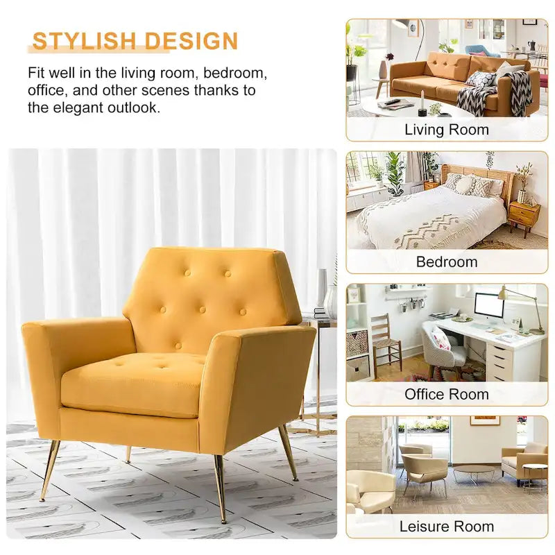 Lilia Contemporary Velvet Upholstered Tufted Back Armchair with Metal Golden legs by HULALA HOME