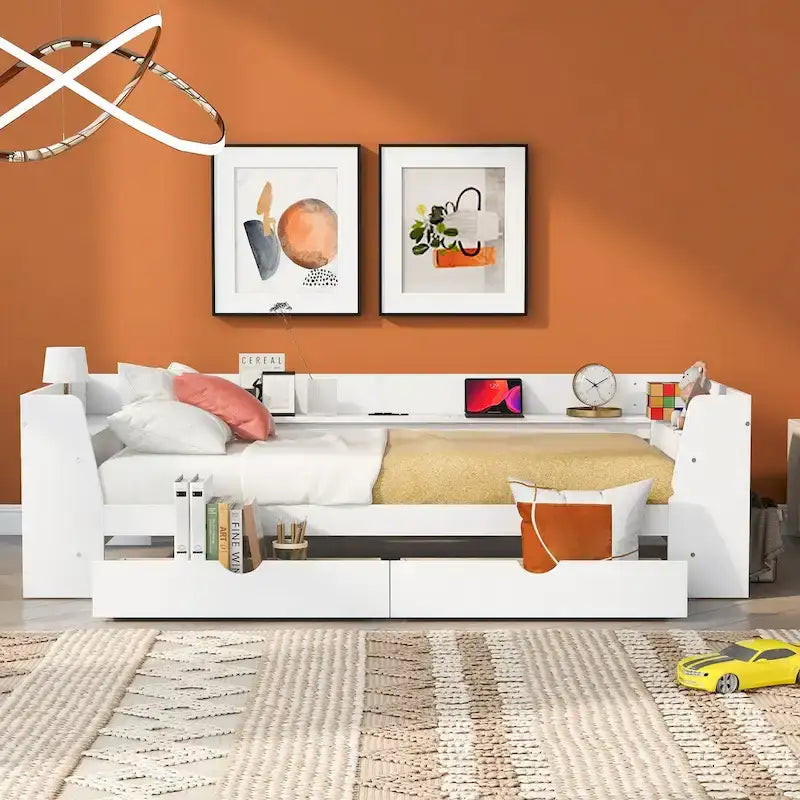 Twin Size Daybed with Shelves, Drawers and Built-In Charging Station