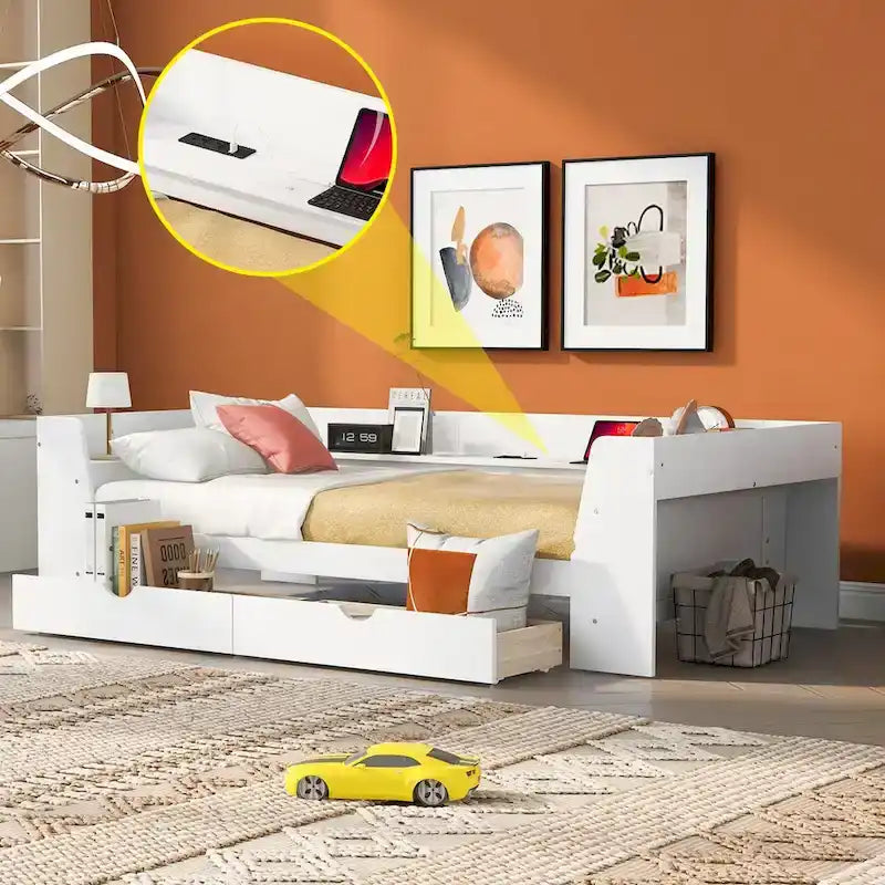 Twin Size Daybed with Shelves, Drawers and Built-In Charging Station