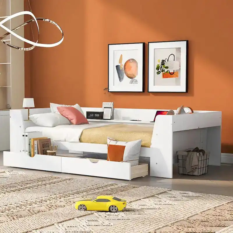 Twin Size Daybed with Shelves, Drawers and Built-In Charging Station