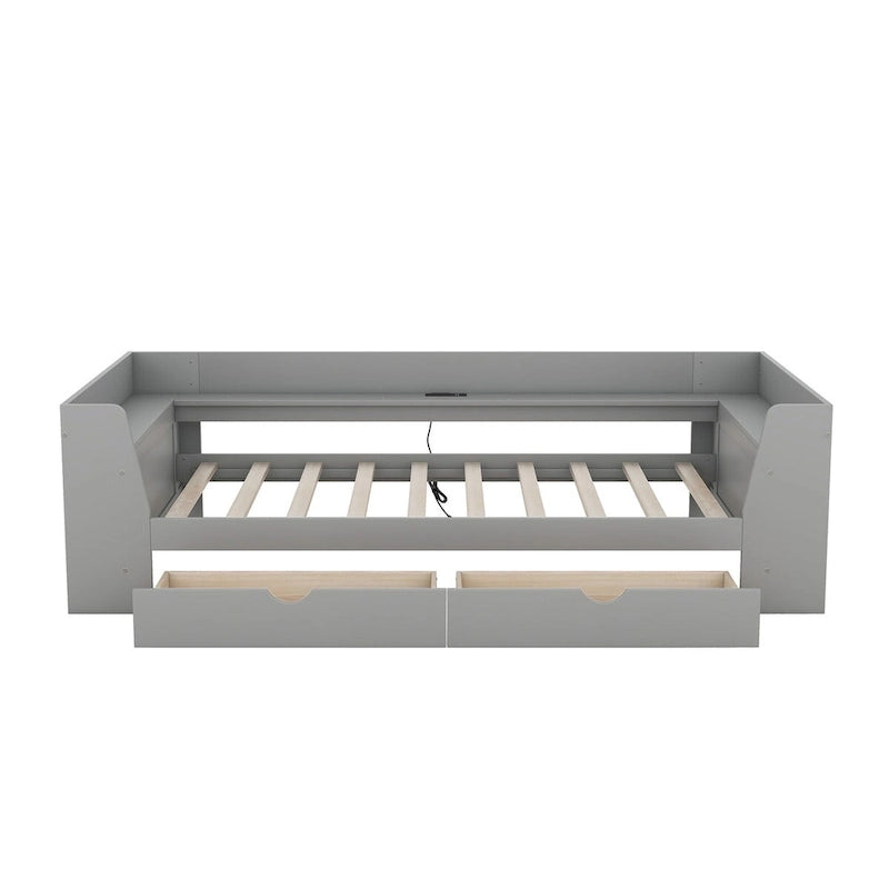 Twin Size Daybed with Shelves, Drawers and Built-In Charging Station