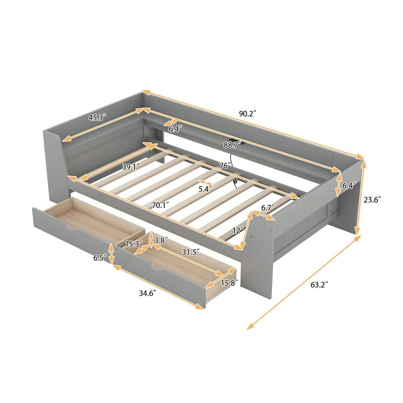 Twin Size Daybed with Shelves, Drawers and Built-In Charging Station