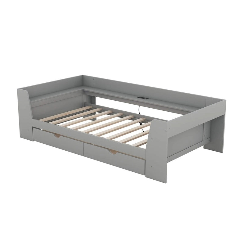 Twin Size Daybed with Shelves, Drawers and Built-In Charging Station
