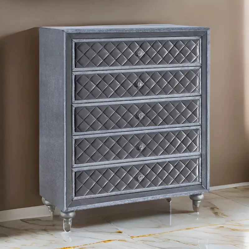Yin 49 Inch Tall 5 Drawer Dresser Chest, Crystal Knobs, Smooth Gray Velvet
