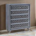 Yin 49 Inch Tall 5 Drawer Dresser Chest, Crystal Knobs, Smooth Gray Velvet