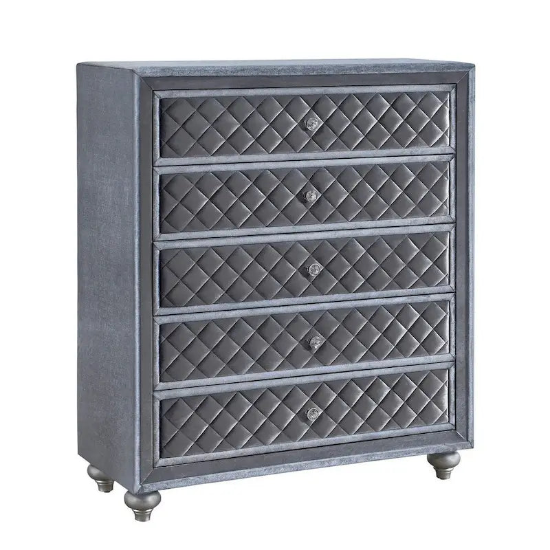 Yin 49 Inch Tall 5 Drawer Dresser Chest, Crystal Knobs, Smooth Gray Velvet