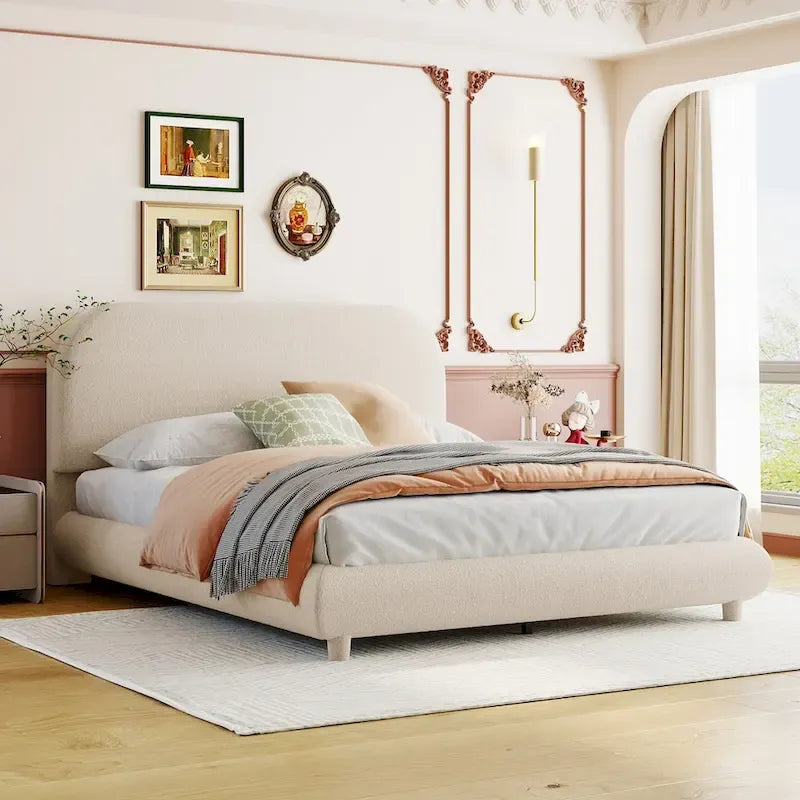 Teddy Fleece Full Size Upholstered Platform Bed with Thick Fabric, Solid Frame and Stylish Curve-shaped Design