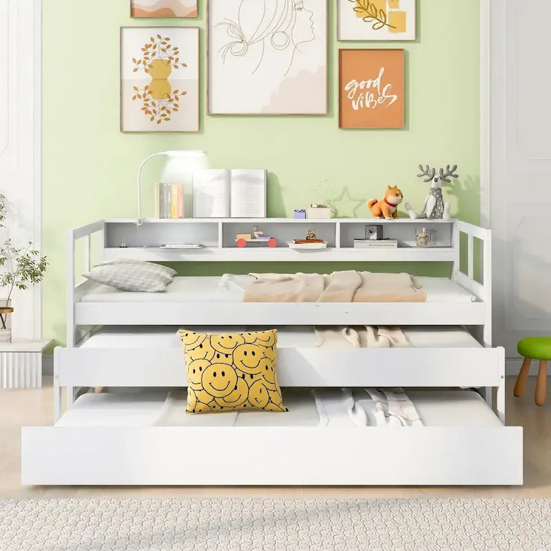 Wood Daybed with 2 Trundles, 3 Storage Cubbies, 1 Light for Free and USB Charging Design